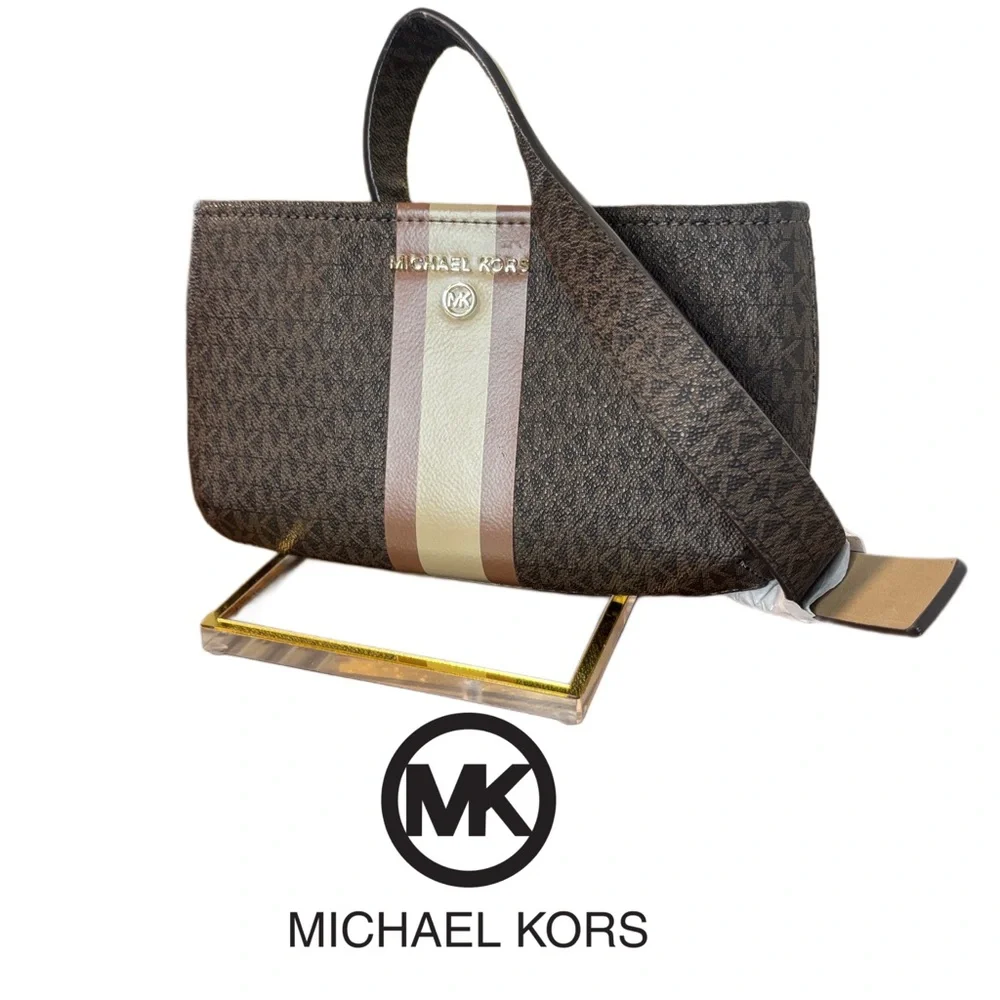 Michael Kors Monogram Crossbody Bag Brown Stripe Adjustable Belt Bag MK Signatu